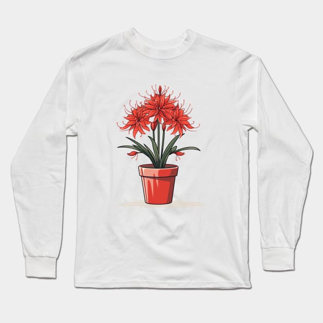 Red Spider Lily lycoris radiata in the pot in vector style Long Sleeve T-Shirt by MilkyBerry